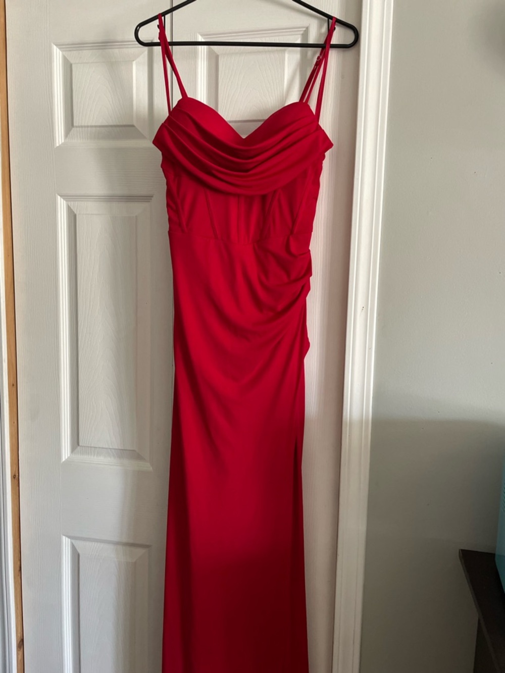 le chateau Red Draped Sweetheart Maxi Dress